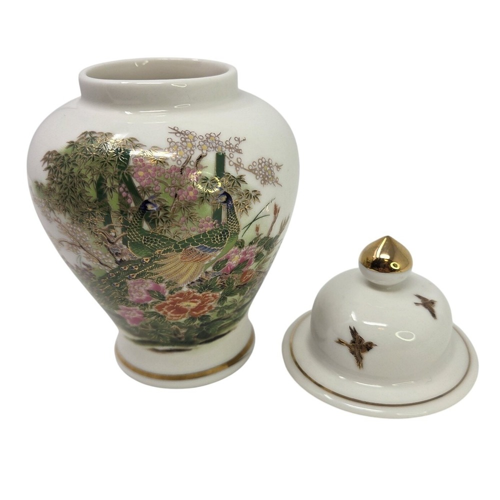 Vintage OMC 6" Peacock Bamboo Floral‎ Gold Gilded Porcelain Ginger Lid Jar Japan - Picture 8 of 10